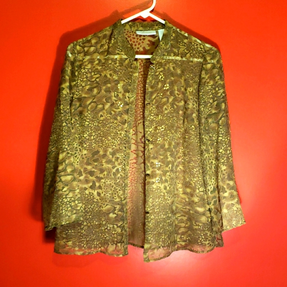 jh Collectibles Sheer Long Sleeved Button Up Blouse In Animal Print with Sequins